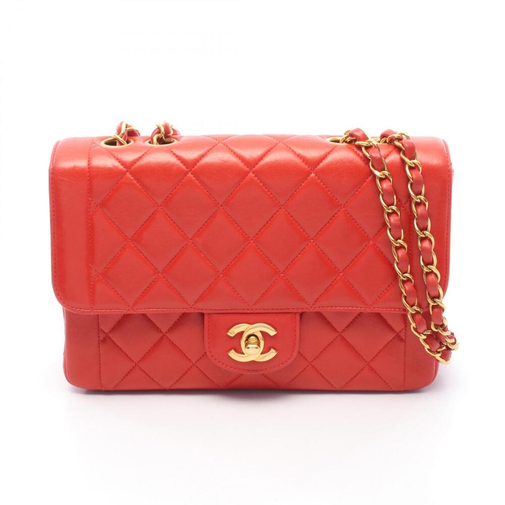 Chanel Matelasse Single Flap Shoulder Bag Lambskin Sheepskin Red
